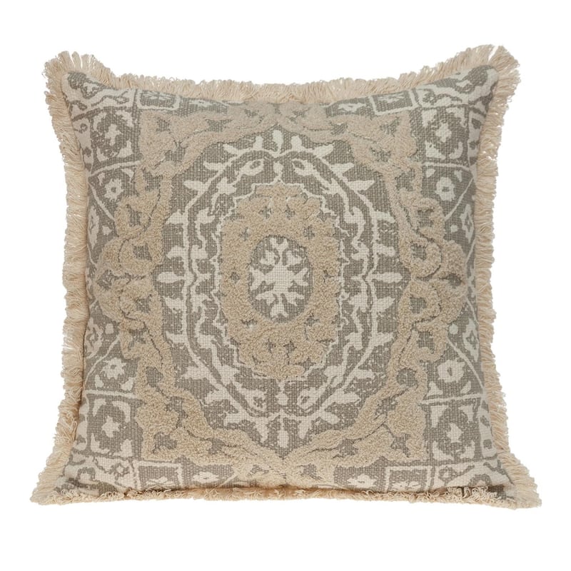 HomeRoots 18" Beige And Brown Geometric Cotton Blend Throw Pillow with Fringes And Texture - Khaki