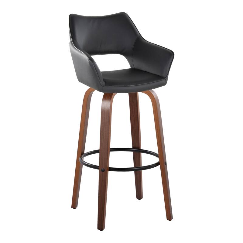 Porch & Den Mac 30" Fixed-Height Upholstered Bar Stool with Bent Wood Legs & Round Footrest (Set of 2) - Black Faux Leather/Walnut Wood