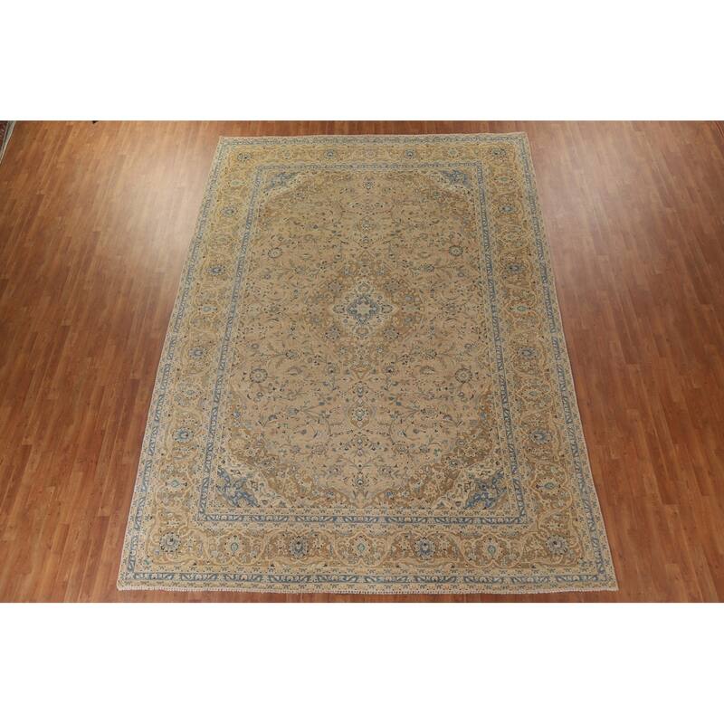 Hand Knotted Oriental 100% Wool Carpet Traditional Floral Beige & Ivories Kashan Area Rug - 13' 3'' X 9' 8''