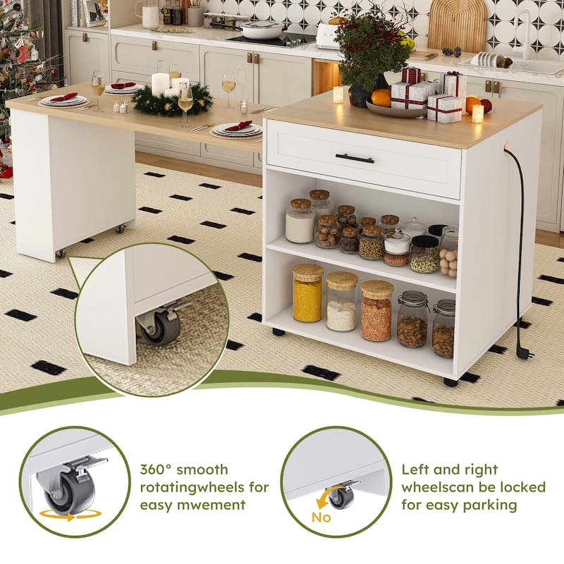 80-inch Expandable Kitchen Island with Dining Table, Marble-Grain Countertop, Mobile Storage Cart with Cabinet & 2 Drawers