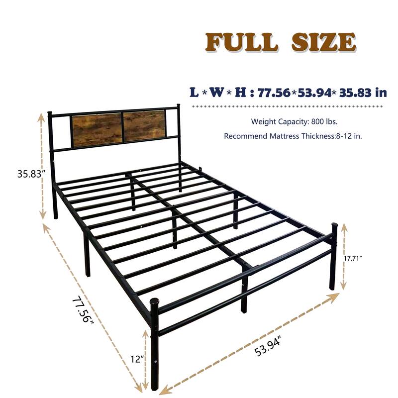 Sturdy Metal Bedframe with Wood Headboard, Underbed Storage, 900lbs Capacity