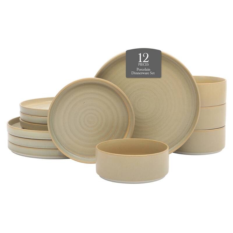 Gibson Elite Echo Bay 12 Piece Porcelain Reactive Glaze (Service for 4) Ceramic Plates and Bowls Dinnerware Set