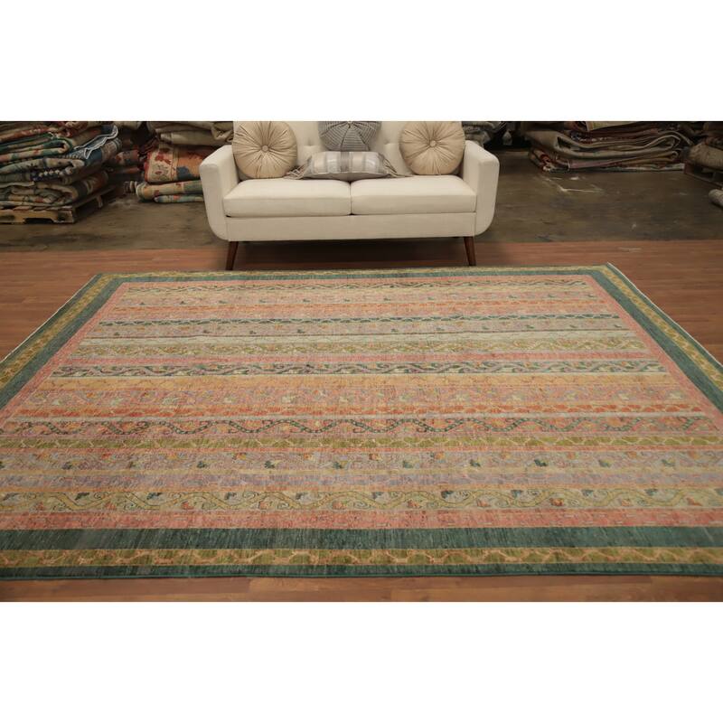 Hand Knotted Oriental 100% Wool Carpet Traditional Geometric Multi-Colored Ziegler Area Rug - 9' 10'' X 7' 10''