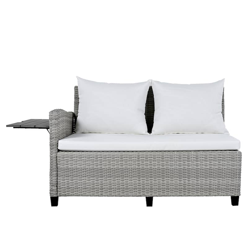 Roomfitters 5-Piece Outdoor PE Wicker Patio Sofa Set with 2 Extendable Side Tables, Dining Table