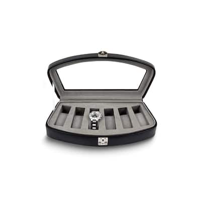 Curata Black Leather Glass Lid Pigskin Lined Locking 6-Watch Case