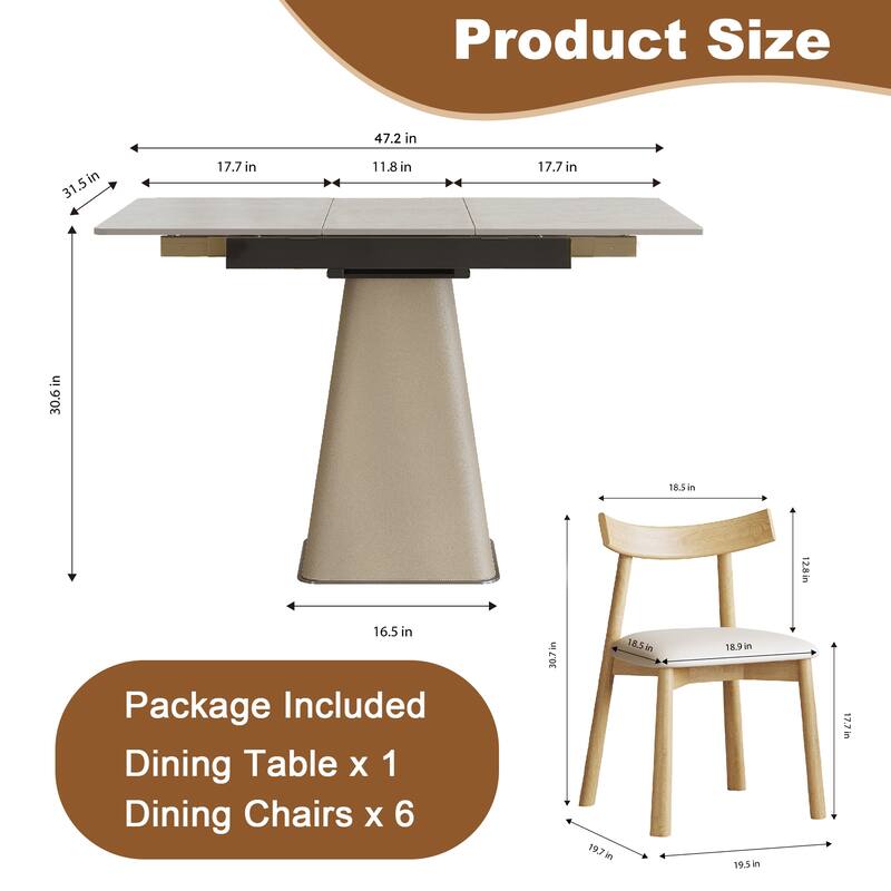 Roomfitters Retractable Rock Slab Dining Table Set, Modern Expandable Square Table with 6 Chairs, White