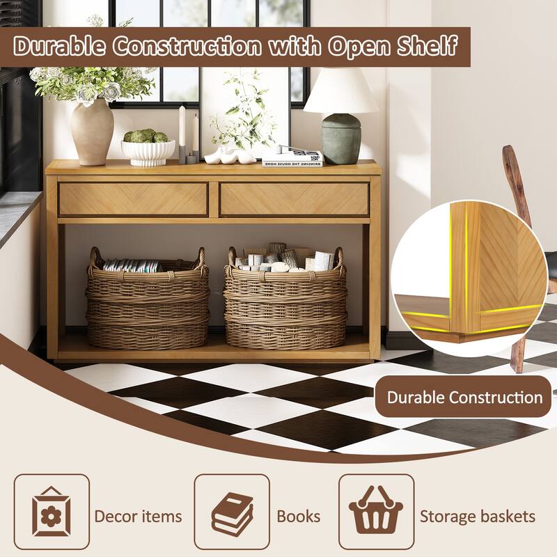 55" Rustic Wooden Entryway Console Table with Storage Drawers & Open Shelf