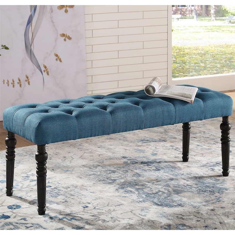 Fabric Tufted Turned Leg Dining Bench - Blue