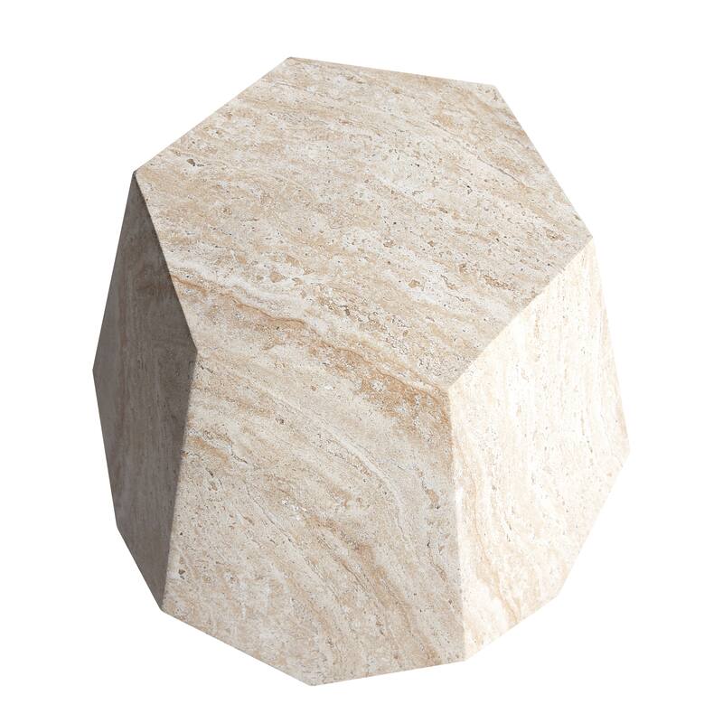 Geaometric Travertine Stone Finish Italian Design MgO Side Accent Table - 19.6"x19.6"x18.9"