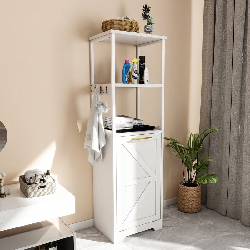 Moasis 53"H 3-Tier Tilt Out Laundry Hamper Bathroom Storage Shelf Cabinet with Basket - White
