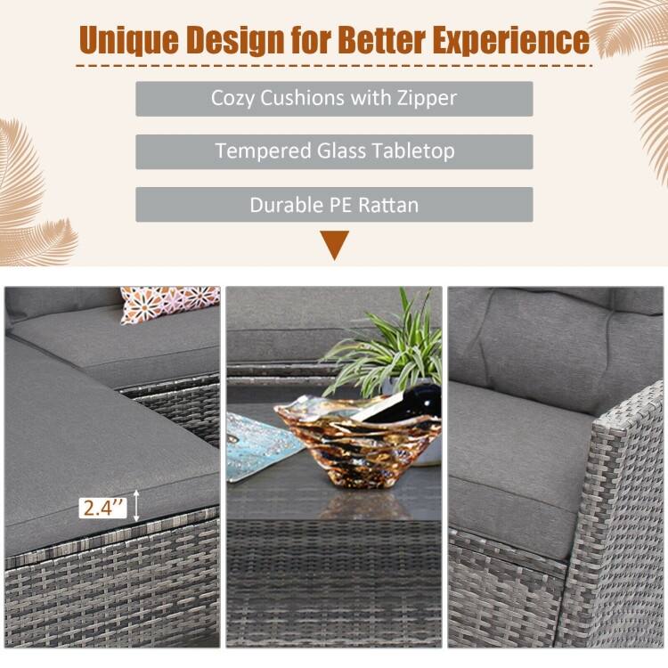 4 Pieces Patio Rattan Furniture Set with Cushion and Table Shelf - 27.5" x 47" x 30" (L x W x H)