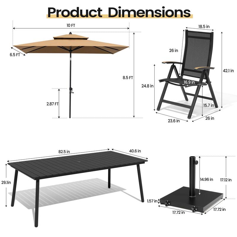 11PC Outdoor Patio Dining Set Aluminum Table with Folding Armchairs w/ Premium Market Umbrella Sets
