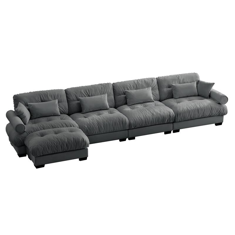 L-Shaped 4 Seater Sectional Sofa with 1 Movable Ottomans & Pillows