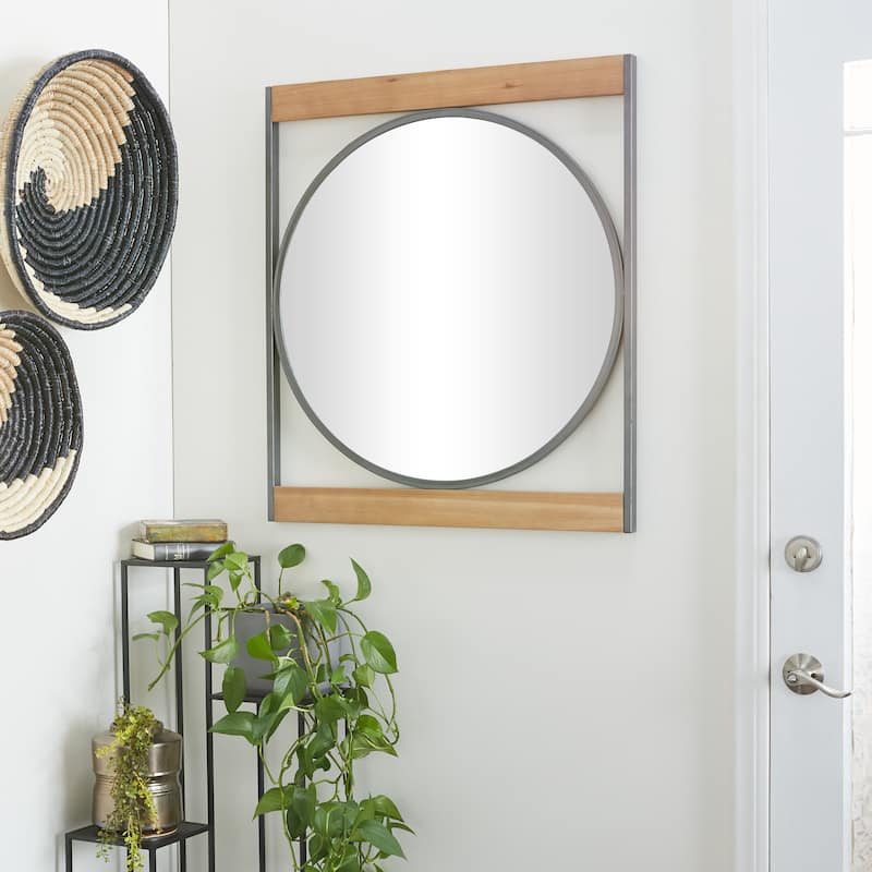 Brown Metal Wall Mirror with Wood Accents - 30 x 1 x 34