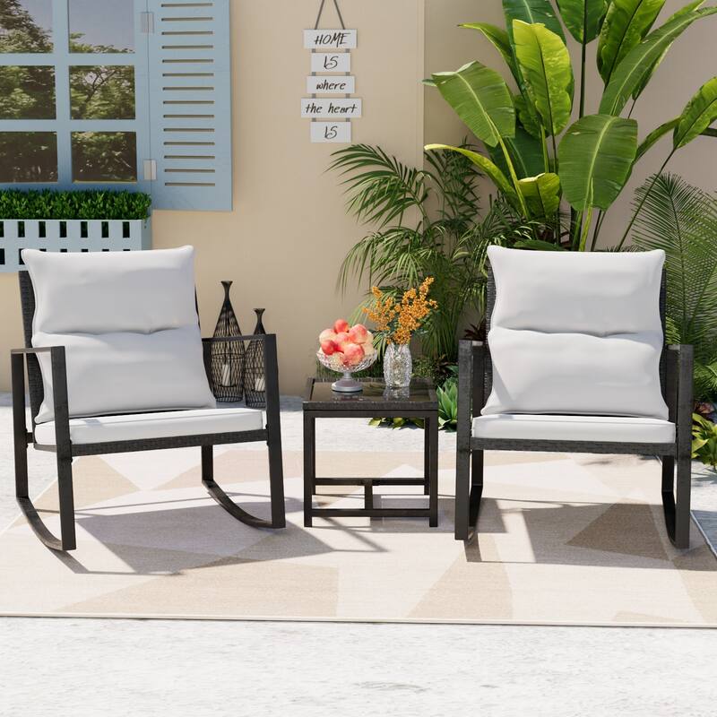 COSIEST Outdoor Bistro Rocking Chair Set with Cushions - Beige