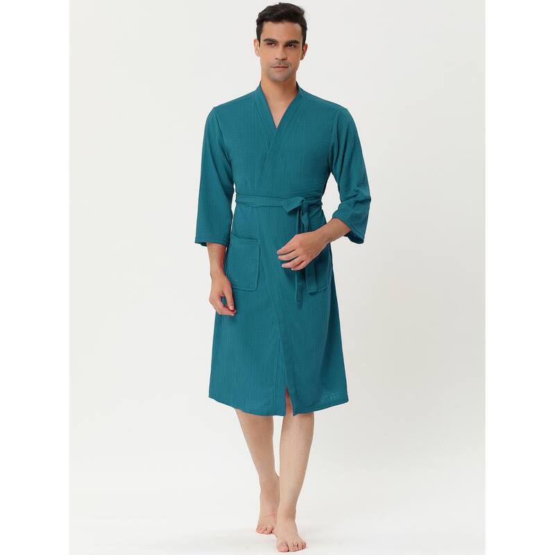 Men's Waffle Bathrobe Solid Color Sleepwear 3/4 Sleeve Kimono Spa Robe - Green - S