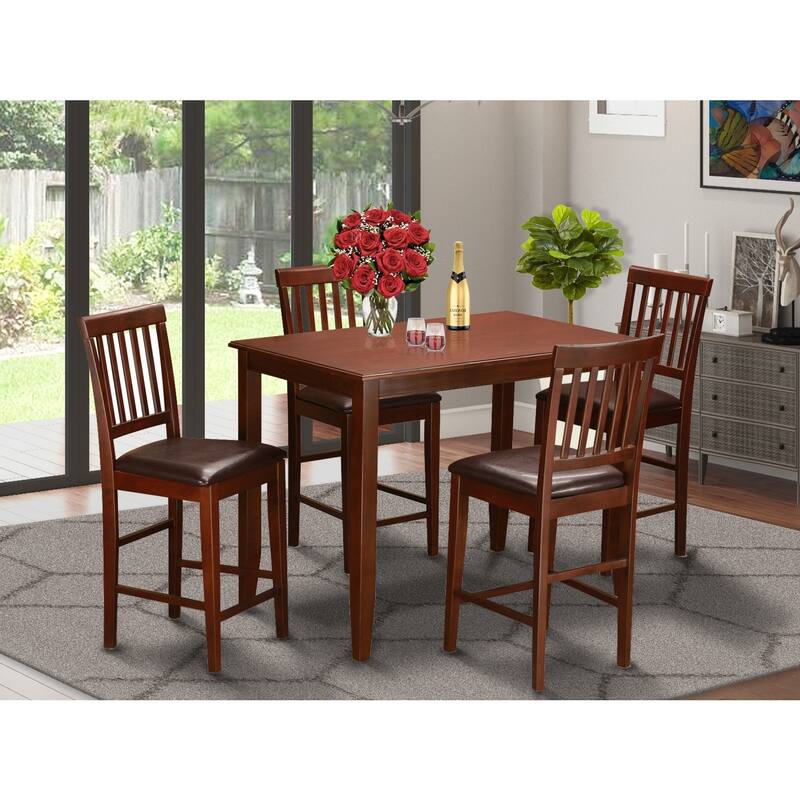 Counter Height Pub Set 5 Piece - Rectangle Table & 4 Faux Leather Chairs - Mahogany Finish