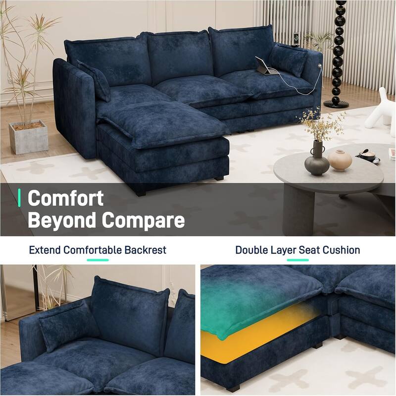 Modular Sectional Sofa L Shaped Couch, 3/4 Seat Sofa Set with Ottoman, Chenille Fabric
