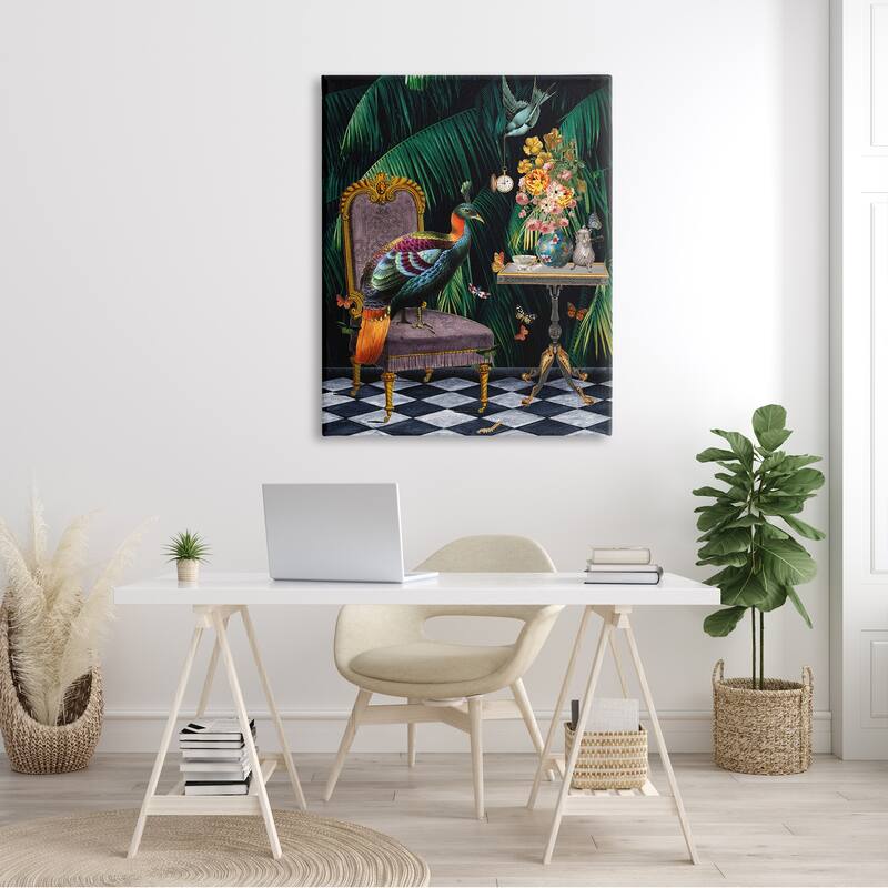 Stupell Regal Peacock On Chair Falling Palm Fronds Canvas Wall Art - Green