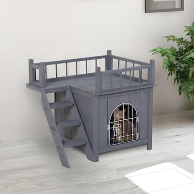 PawHut Inside & Outside Cat Tree Apartment/Condo with Interior House Space, Side Staircase & Upstairs Patio with Railing