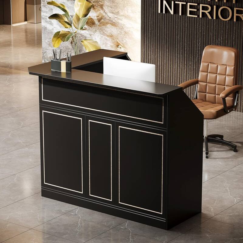 Reception Desk with Storage Shelves, L Shaped Modern Front Desk