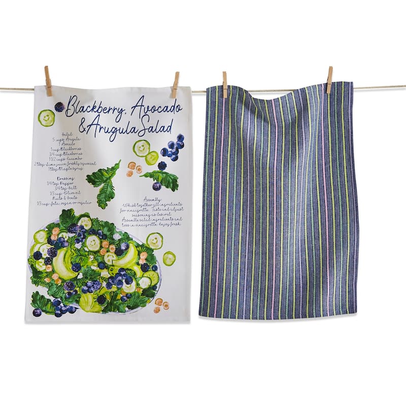 Set of 2 Berry Salad Recipe with Coordinating Blue Stripe Cotton Kitchen Dishtowels 26L x 18W in.