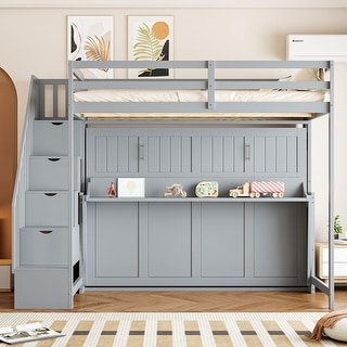 Full Size Convertible Murphy Bunk Bed with Hydraulic Lift, Built-In Desk, Storage Staircase