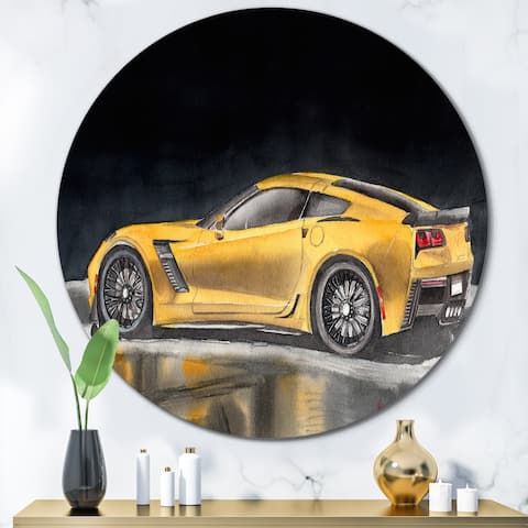 Designart 'A Yellow Sport Car With Its Shadow' Industrial Metal Circle Wall Art