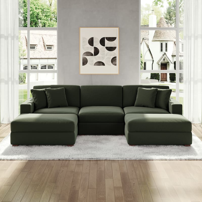 Modular Corduroy Sectional Sofa Set Chaise Couch with Ottoman - Green-5 Piece
