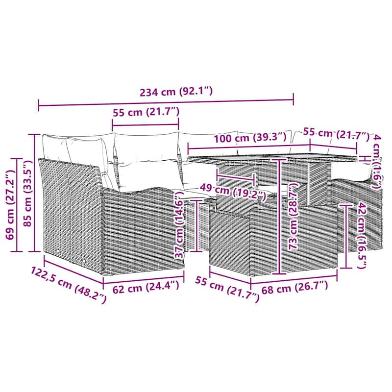 vidaXL 7 Piece Garden Sofa Set with Cushions Grey Poly Rattan Acacia - 92.1 x 48.2 x 27.2