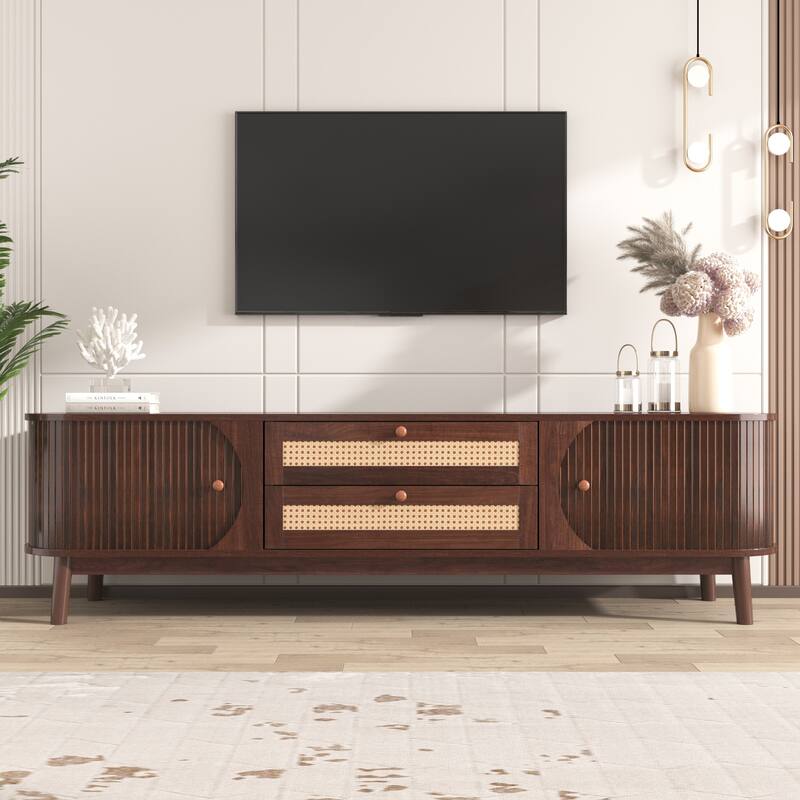 Stylish White MDF TV Stand with Rattan Drawers and Solid Wood Legs - Ample Storage and Easy Cable Management.
