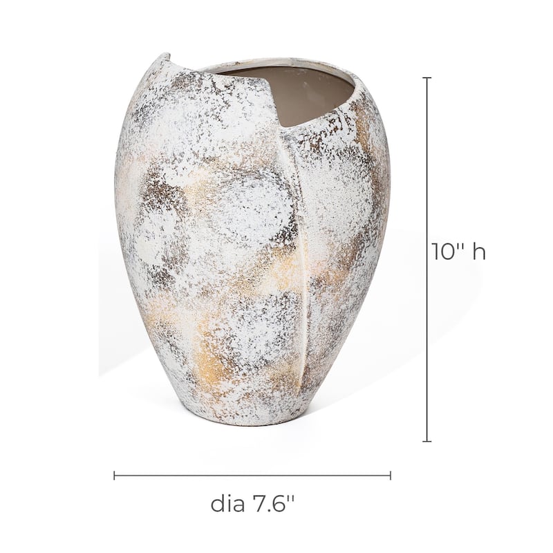 Marbled White Modern Jagged Top Urn Tall Stoneware Vase (Single)