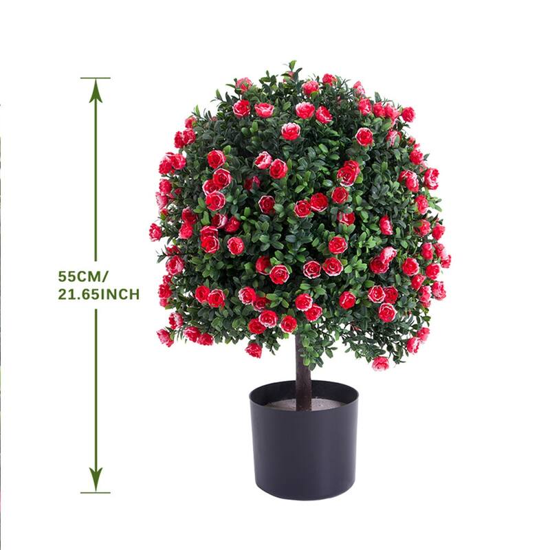 2 pcs Potted Artificial Boxwood Rose Topiary Ball Tree for Porch Garden Backyard - 21.65"