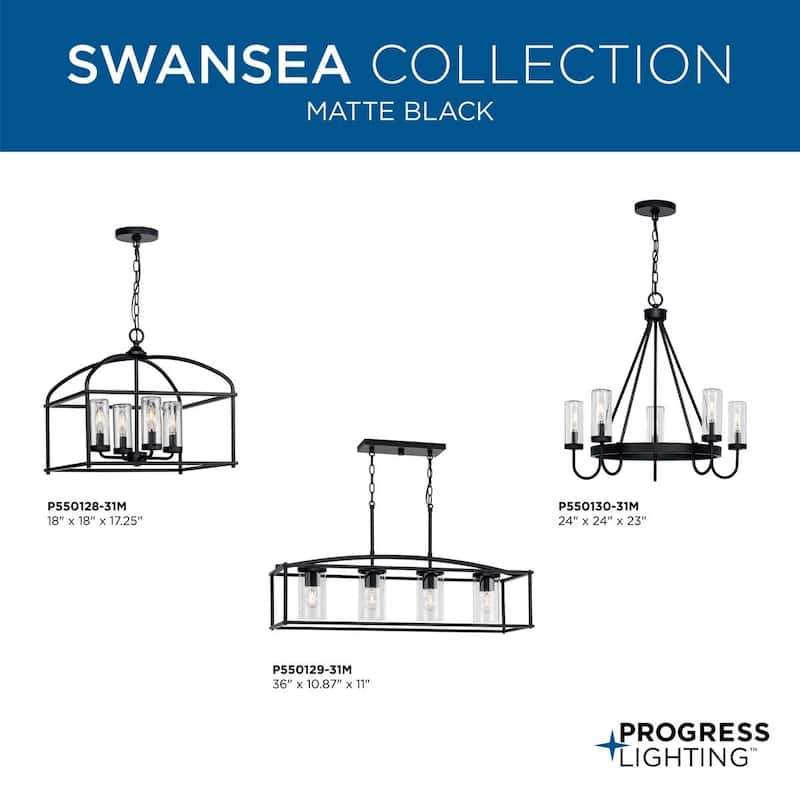 Swansea Collection 4-Light 18 in. Matte Black Transitional Outdoor Chandelier with Clear Glass Shades - Large