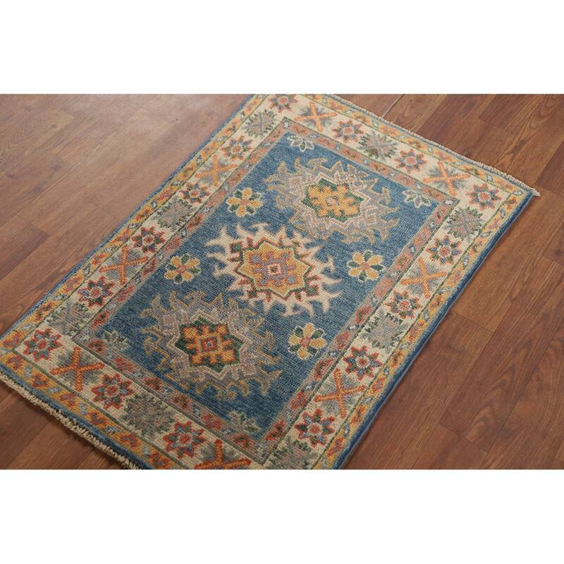 Hand Knotted Oriental 100% Wool Carpet Traditional Geometric Navy Blue & Blues Kazak Area Rug - 2' 10'' X 1' 11''