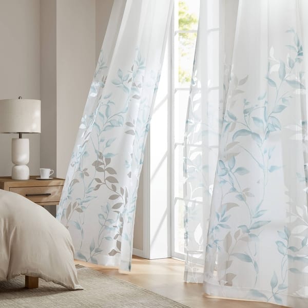 slide 2 of 44, Madison Park Cecily Floral Printed Burnout Sheer Grommet Curtain Panel 2-PK 50x84" - Aqua