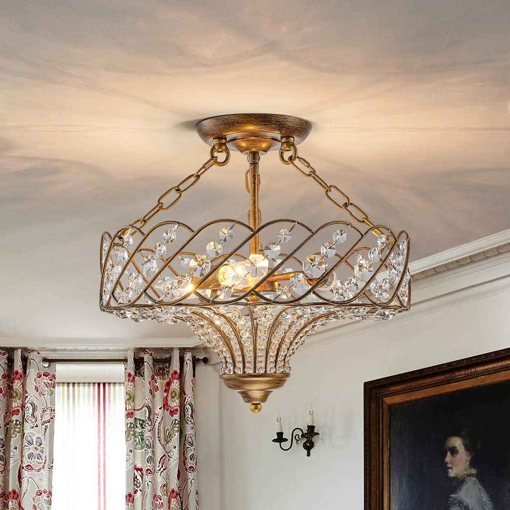 3-Light Glam Crystal Flush Mount Ceiling Light - Antique Gold - 15.8 in W × 12.6 in H