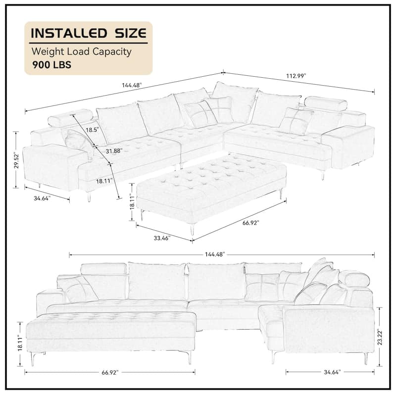 L Shaped Large Upholstered Fabric Couch Sectional Sleeper Sofa with Ottoman