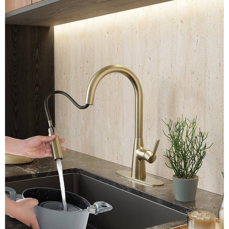 Modern Touchless Satin Brass Pull-Down Kitchen Faucet