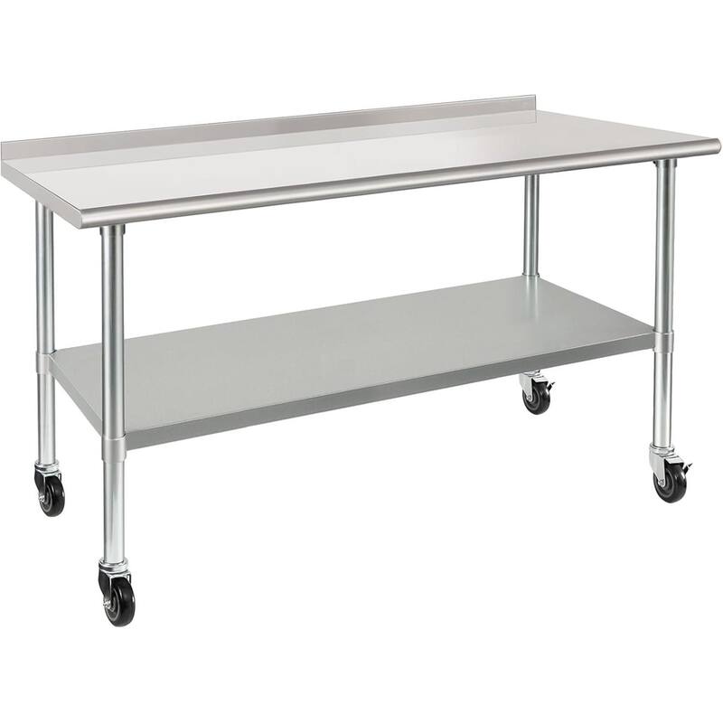 Stainless Steel Table 30 x 60 Inches Metal Prep Table with Wheels Casters Adjustable Undershelf Stainless Table - Silver - Silver