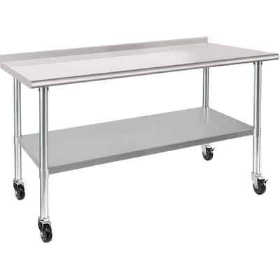 Stainless Steel Table 30 x 60 Inches Metal Prep Table with Wheels Casters Adjustable Undershelf Stainless Table - Silver