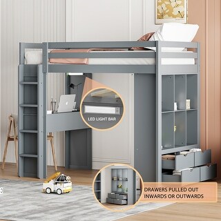Twin Size Wooden Loft Bed with large shelves, writing desk and LED Light