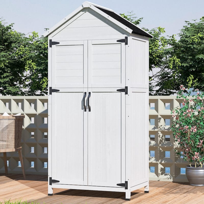 Roomfitters 67 Inch White Fir Wood Outdoor Storage Shed with Double Doors, Waterproof Roof