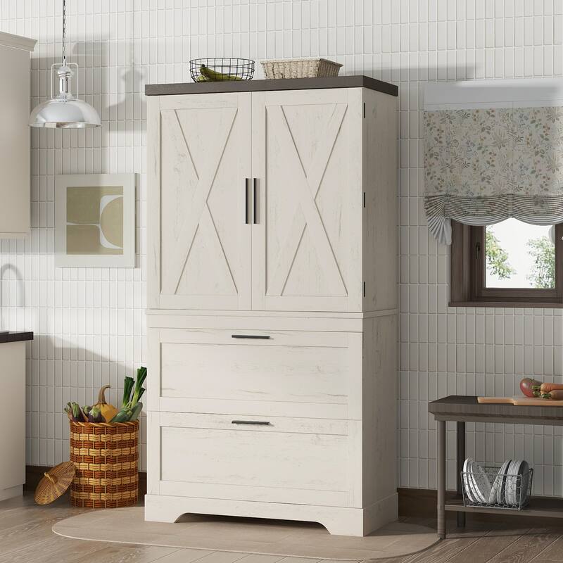 Farmhouse Wooden Storage Cabinet Buffet Cabinet, X-shaped Barn Door Sideboard with Shelves & 2 Large Drawers - Beige