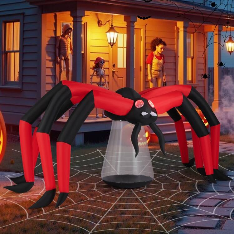 Black-Red Polyester Giant Inflatable Halloween Spider with LED Eyes and 10ft Wide - 123" x 51.5" x 59"