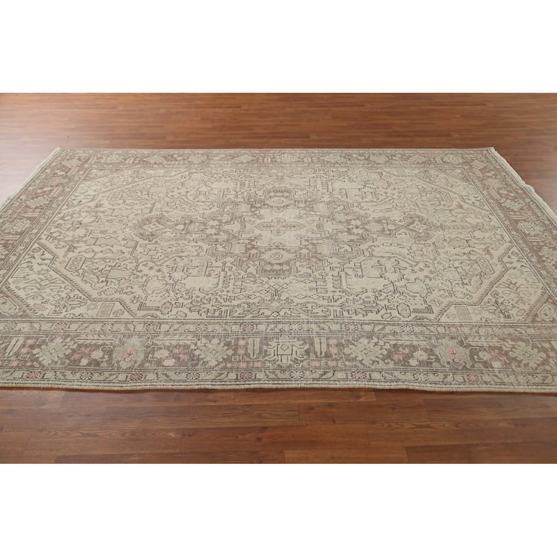 Distressed Beige Tabriz Persian Vintage Area Rug Handmade Wool Carpet - 6'7" x 9'6"