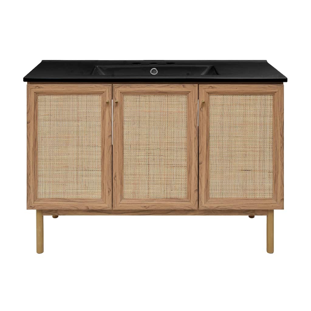 Classe 48 In. Brown Oak Bathroom Vanity With Black, 3-Hole Ceramic Sink Top