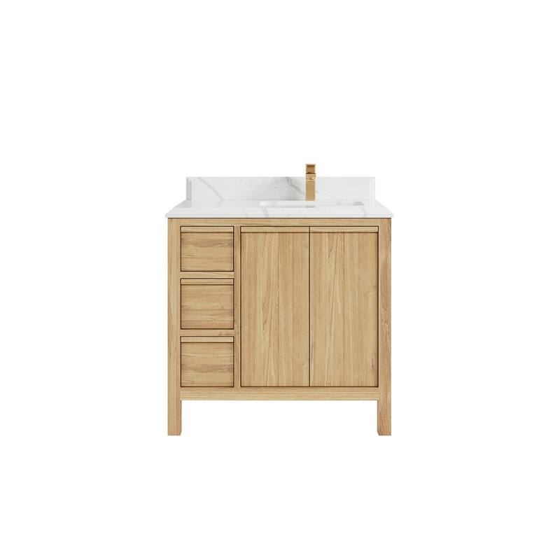 Willow Collections 36 in. W x 22 in. D Elizabeth Solid Teak Right Offset Sink Bathroom Vanity with Countertop - 1.5" Calacatta Laza - Light Natural Teak