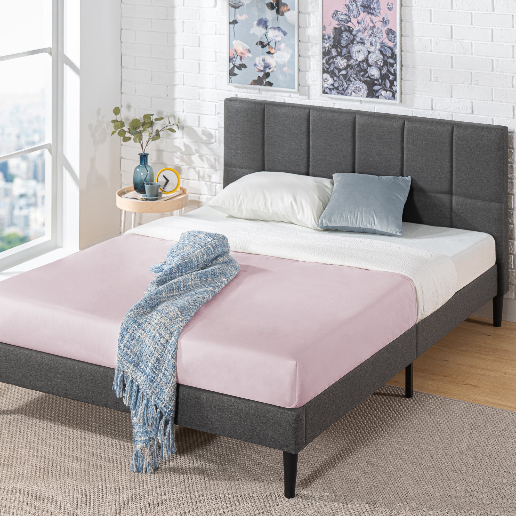 Lottie 35 Upholstered Platform Bed Frame with Short Headboard Grey King Bed Bath Beyond 37979958