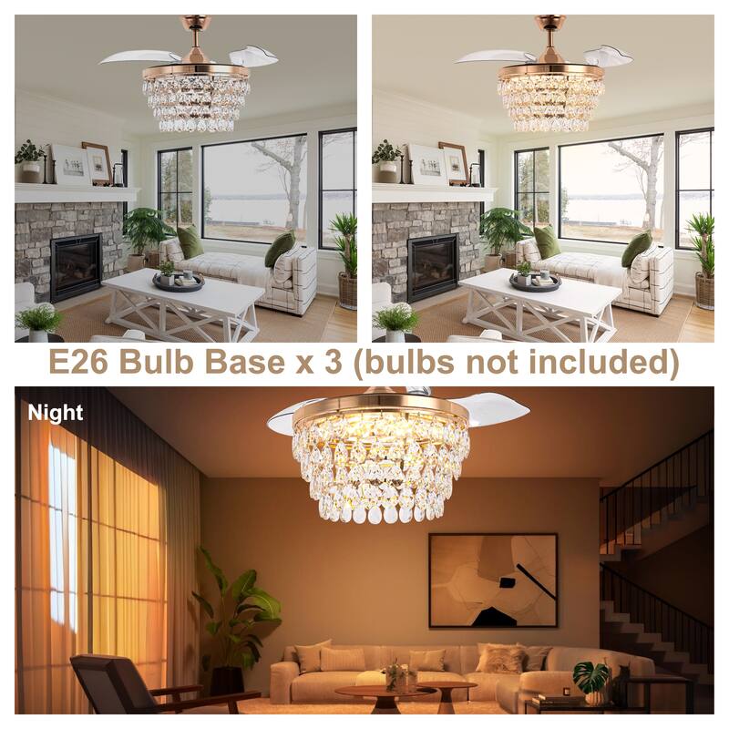 Bella Depot 42" Retractable Crystal Ceiling Fan with Light and Remote 6-Speed Reversible Fan